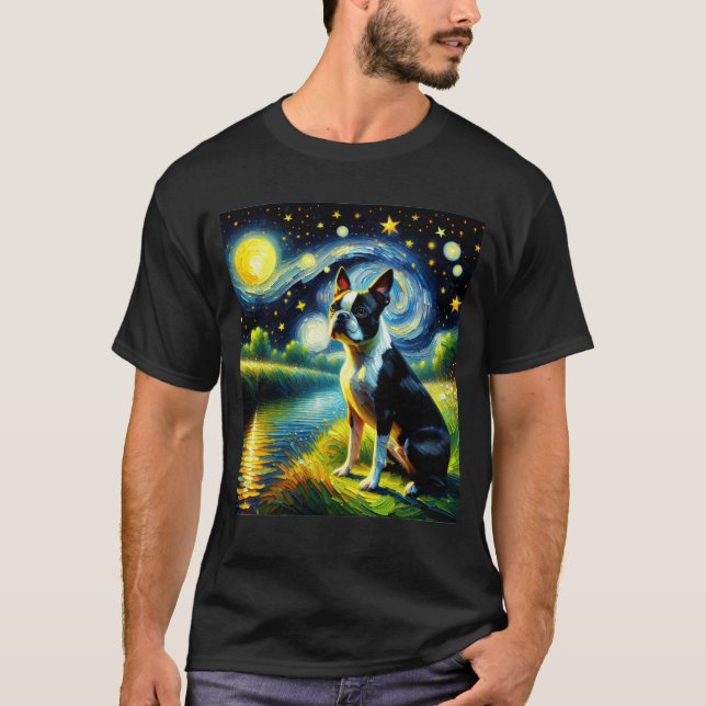 Starry Night Boston Terrier Hund Van Gogh Älskare T Shirt (Framsida)