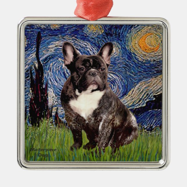 Starry Night - Brindle Fransk Bulldog Julgransprydnad Metall (Framsidan)