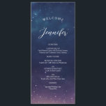 Starry Night Bröllop Menu med Guest Namn Meny<br><div class="desc">Fånga stjärnornas magi med den här roliga bröllop-menyn med en drömmarin natt himmel i rik, indigo och mjuka lilor. Elegant serif och script typsnitt markerar menyval, medan gästens namn överst skapar en personlig och tankfull beröring. Sprickade stjärnor och kosmiska detaljer framkallar en romantisk stargazingvib - perfekt för celestial, måne-themed eller...</div>