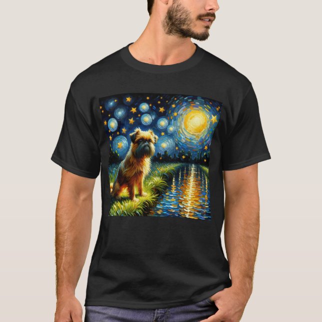 Starry Night Brussels Griffon Hund Van Gogh Älskar T Shirt (Framsida)