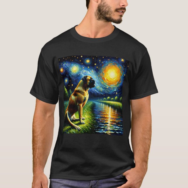 Starry Night Bullmastiff Hund Van Gogh Älskare T Shirt (Framsida)