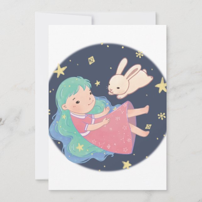 Starry Night Bunny & Girl Illustration Inbjudningar (Framsida)