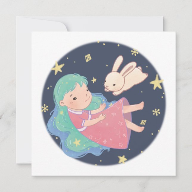 Starry Night Bunny & Girl Illustration Inbjudningar (Framsida)