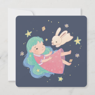 Starry Night Bunny & Girl Illustration Julkort