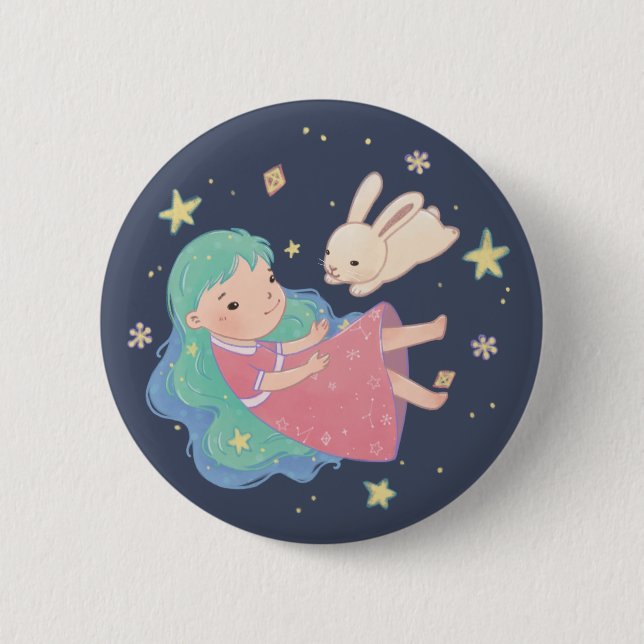Starry Night Bunny & Girl Illustration Knapp (Framsida)