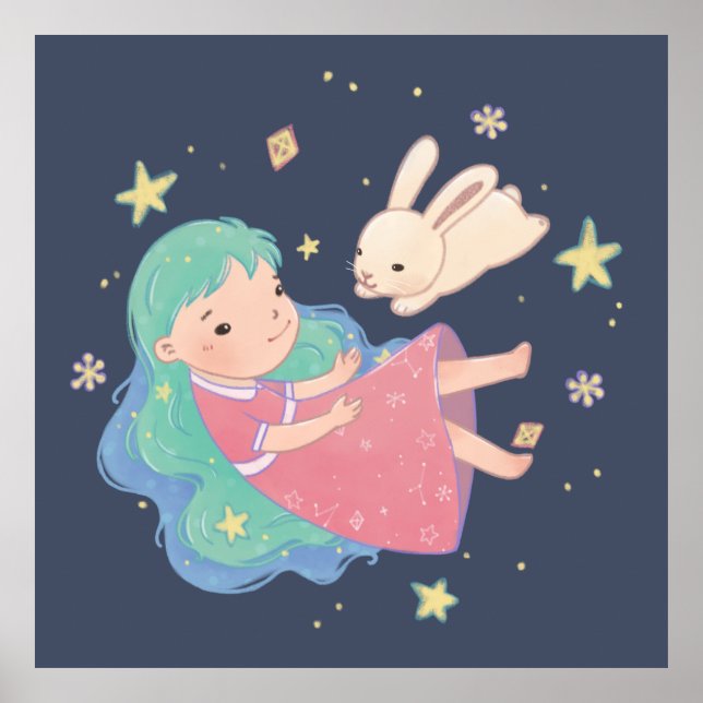 Starry Night Bunny & Girl Illustration Poster (Framsidan)