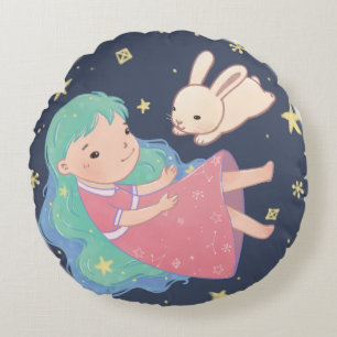 Starry Night Bunny & Girl Illustration Rund Kudde