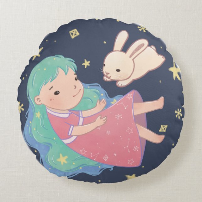 Starry Night Bunny & Girl Illustration Rund Kudde (Framsidan)