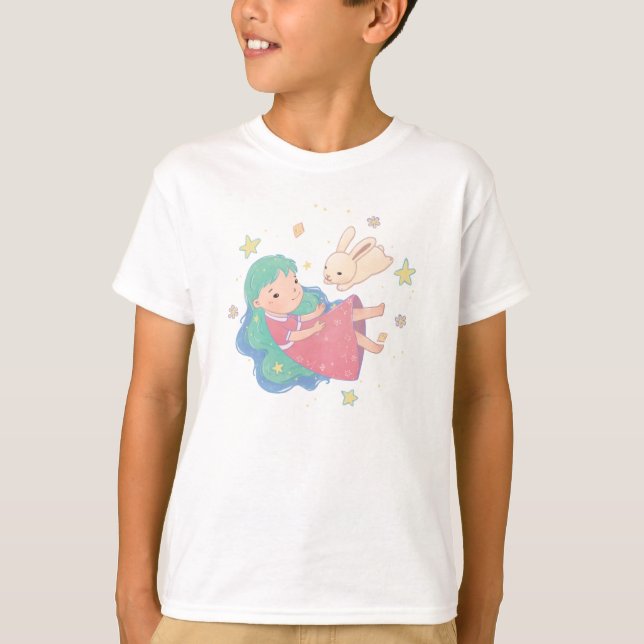 Starry Night Bunny & Girl Illustration T Shirt (Framsida)