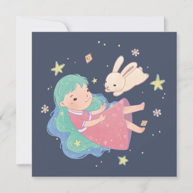 Starry Night Bunny & Girl Illustration Tack Kort (Framsida)