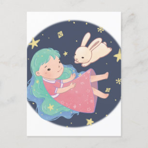 Starry Night Bunny & Girl Illustration Vykort