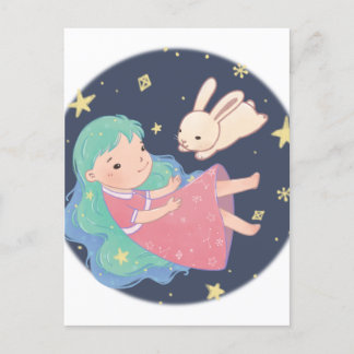 Starry Night Bunny & Girl Illustration Vykort