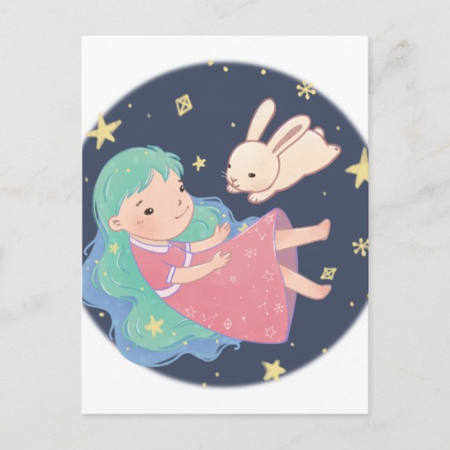 Starry Night Bunny & Girl Illustration Vykort (Framsida)