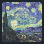 Starry Night by van Gogh Fyrkantigt Klistermärke<br><div class="desc">Van Gogh var besatt av symbolen för lysande föremål och för färg. Lampan var en symbol för lugn och säkerhet. Stjärnan symboliserade tro och gasljus,  mänskliga realiteter. Djupt ultramarinblått var oändligt,  medan rött och grönt uttryckte "detta fruktansvärda sak,  manar passioner.</div>