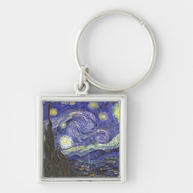 Starry Night by Van Gogh square keychain Fyrkantig Silverfärgad Nyckelring (Framsidan)