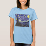 Starry Night by Vincent van Gogh T-shirt<br><div class="desc">Starry Night by Vincent van Gogh is a vintage fine art post impressionism landscape cityscape painting featuring a view of Saint Remy, France from van Gogh's asylum. The night sky is swirling with clouds with a bright crescent moon and shining stars over the quaint village. Starry Night is probably van...</div>