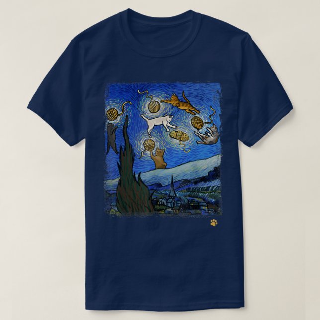 Starry Night Cat Art Parody Van Gogh Funny Cat Lov T Shirt (Design framsida)
