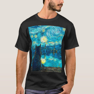 Starry Night Cat Art – Van Gogh Style Night T Shirt