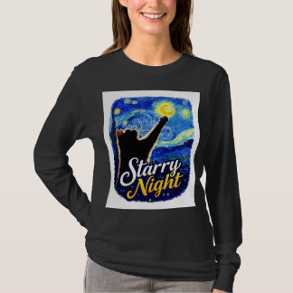 Starry Night Cat – Artistic Black Cat Reaching the T Shirt
