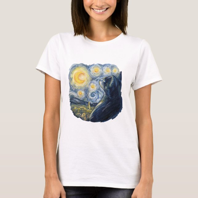 Starry Night Cat Artistic Van Gogh Style Art T Shirt (Framsida)