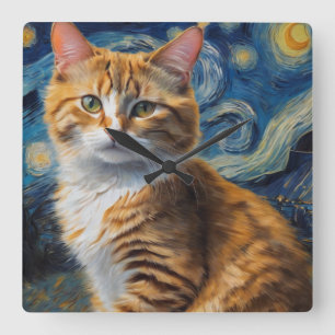 Starry Night Cat Fyrkantig Klocka