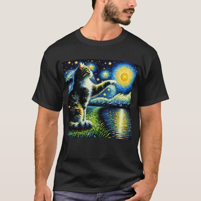 Starry Night Cat Kitten Van Gogh Älskare T Shirt (Framsida)