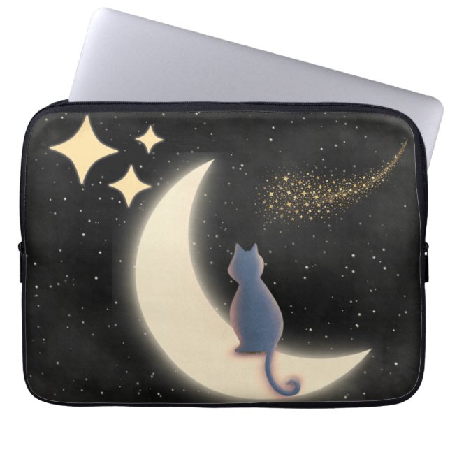 Starry Night Cat och Crescent Måne Laptop Fodral (Framsidan)
