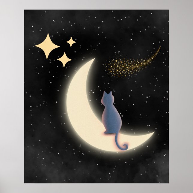 Starry Night Cat och Crescent Måne Poster (Framsidan)
