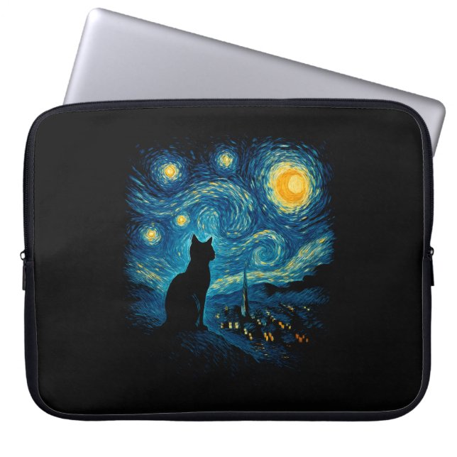Starry Night Cat Silhouette Laptop Sleeve (Framsidan)