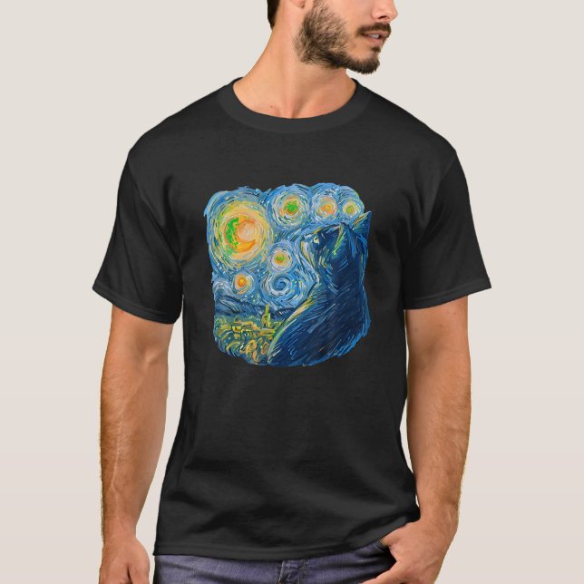 Starry Night Cat van Gogh Berömd Painting T Shirt (Framsida)