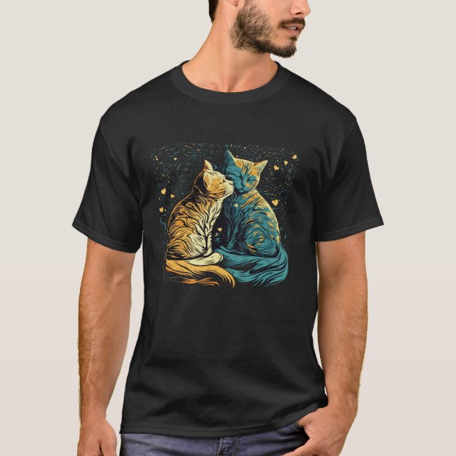 Starry Night Cat Van Gogh Cat Funny Par Cat Lo T Shirt (Framsida)