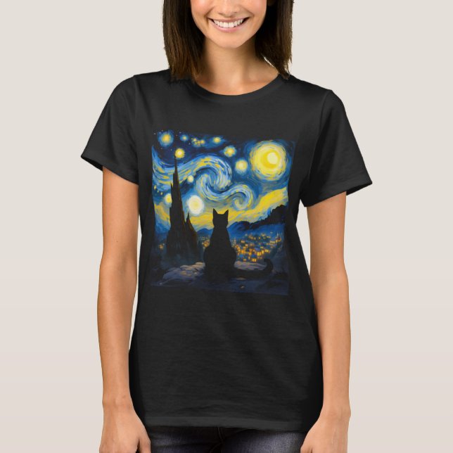 Starry Night Cat - Van Gogh Inspired Art Tee (Framsida)