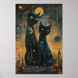 Starry Night Cats: Cosmic City Rooftop Art Poster