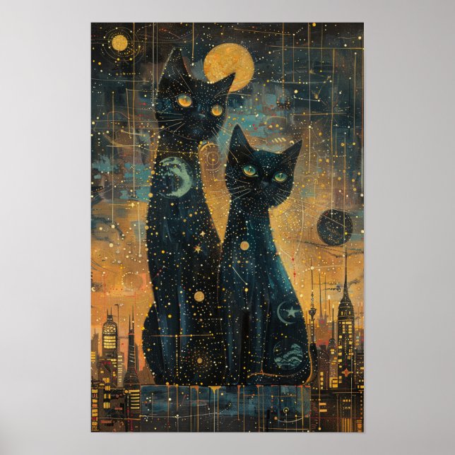 Starry Night Cats: Cosmic City Rooftop Art Poster (Framsidan)