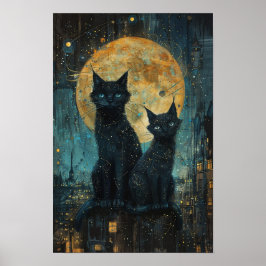 Starry Night Cats: Cosmic City Rooftop Art Poster