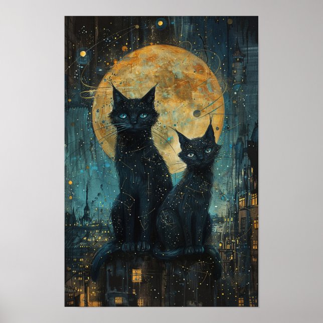 Starry Night Cats: Cosmic City Rooftop Art Poster (Framsidan)