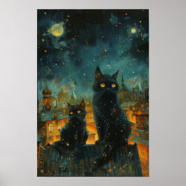 Starry Night Cats: Cosmic City Rooftop Art Poster
