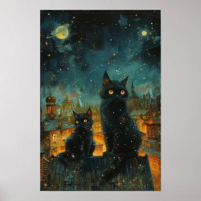 Starry Night Cats: Cosmic City Rooftop Art Poster (Framsidan)