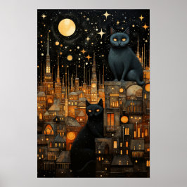 Starry Night Cats: Cosmic City Rooftop Art Poster