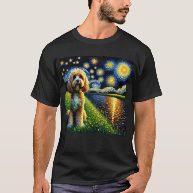 Starry Night Cavapoo Hund Van Gogh Älskare T Shirt (Framsida)