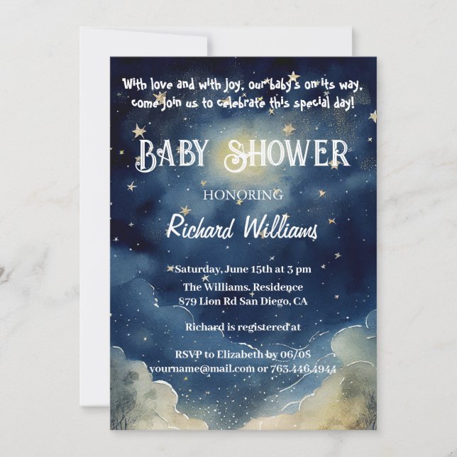 Starry Night Celestial Watercolor Baby Shower Inbjudningar (Framsida)