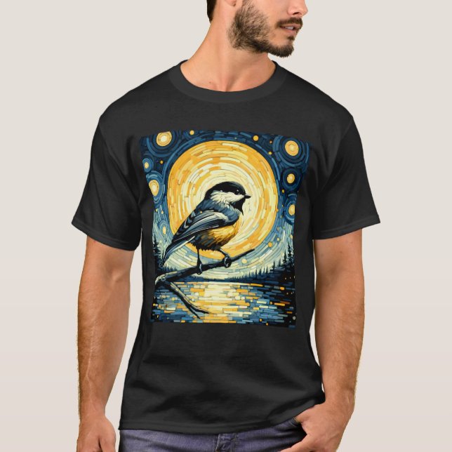 Starry Night Chickadee Van Gogh Bird Älskare T Shirt (Framsida)