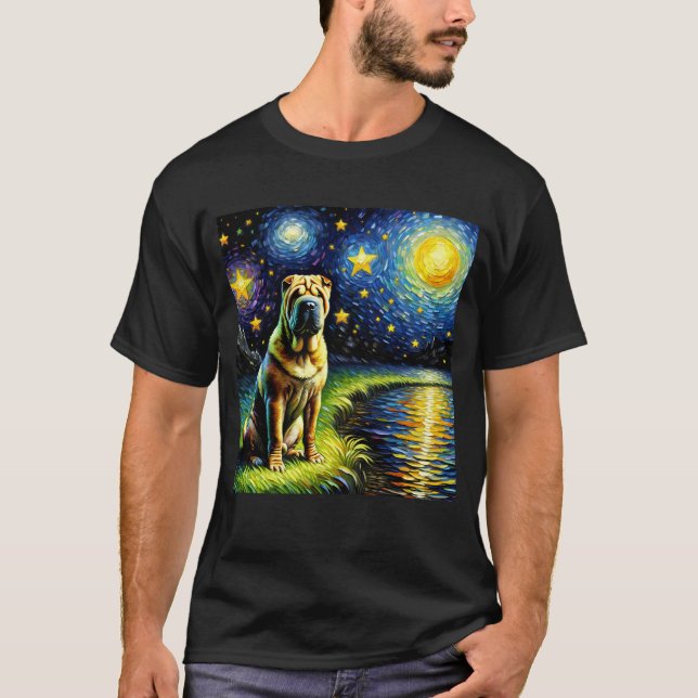 Starry Night Chinese Shar-Pei Hund Van Gogh Älskar T Shirt (Framsida)