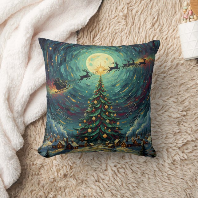 Starry Night Christmas 16x16 Santa Sleigh Kudde (Filt)