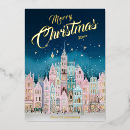 Starry Night Christmas Town Foil Holiday Card