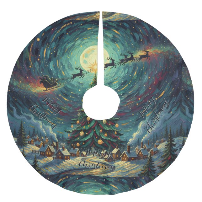 Starry Night Christmas Tree Skirt Santa Sleigh Julgransmatta Borstad Polyester (Framsidan)