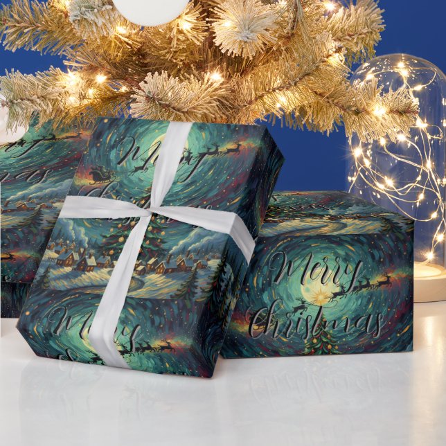 Starry Night Christmas Wrapping Paper Santa Sleigh Presentpapper (Helgdagar)