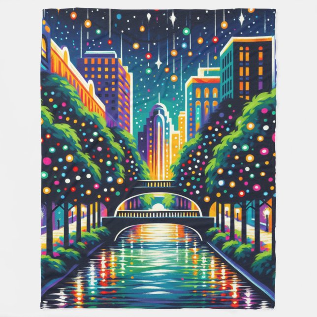 "Starry Night Cityscape: San Antonio Riverpromenad Fleecefilt (Framsidan)