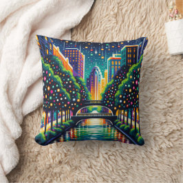 "Starry Night Cityscape: San Antonio Riverpromenad Kudde