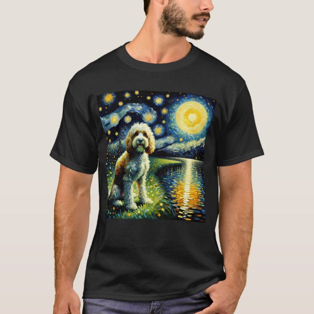 Starry Night Cockapoo Hund Van Gogh Älskare T Shirt (Framsida)